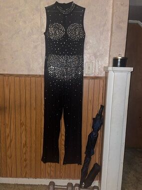 Beautiful black & rhinestone sheer jumpsuit (m)